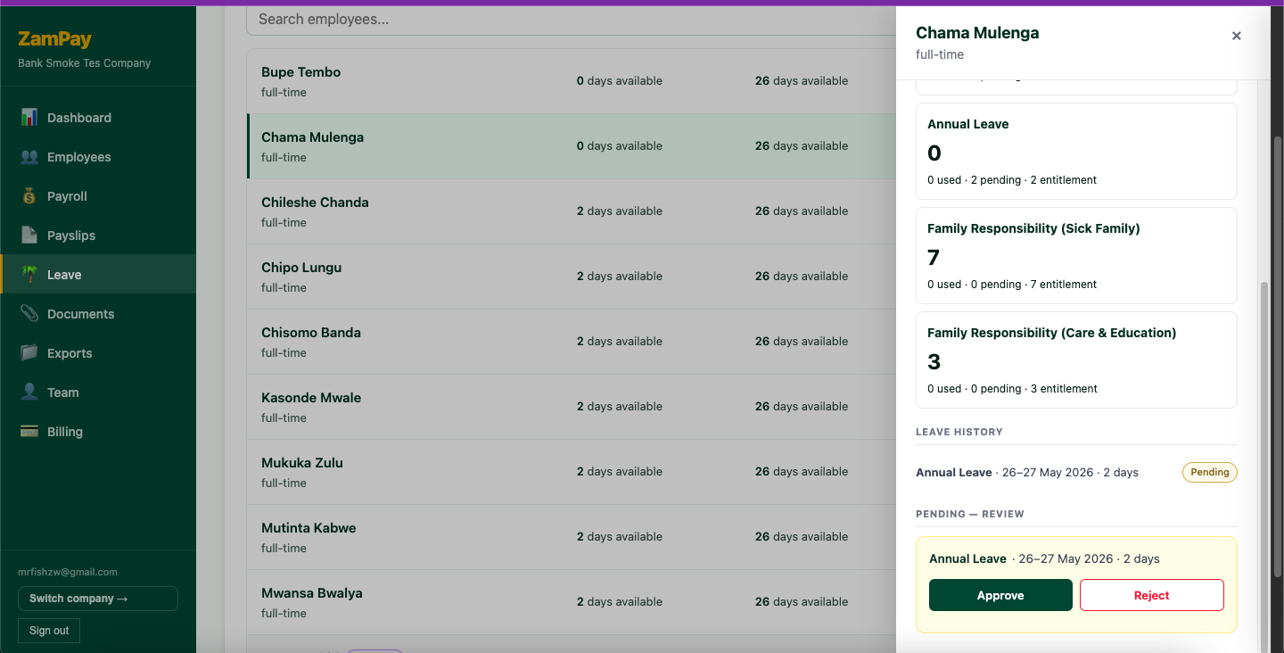 ZamPay leave approval screen showing pending Annual Leave request with Approve and Reject options for HR manager
