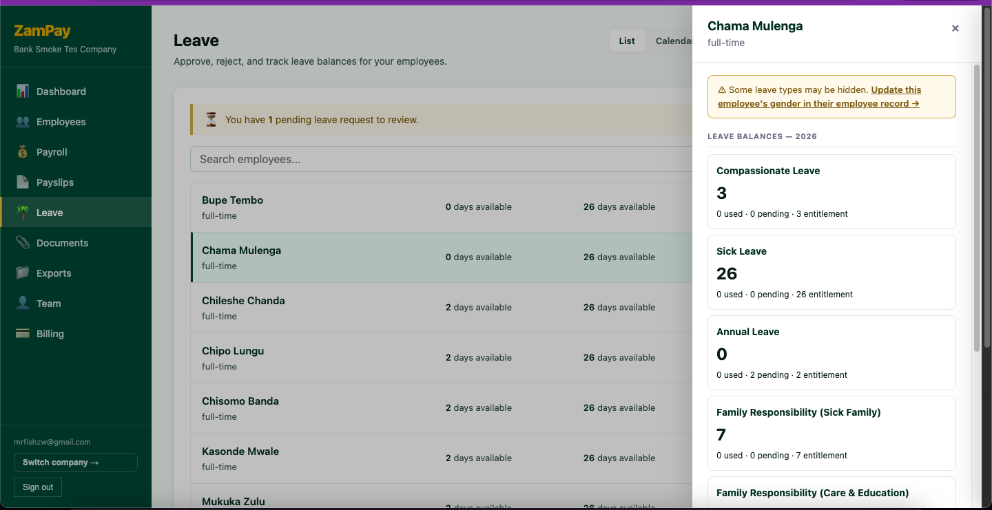 ZamPay leave balance panel showing Compassionate Leave, Sick Leave, Annual Leave and Family Responsibility entitlements for a Zambian employee