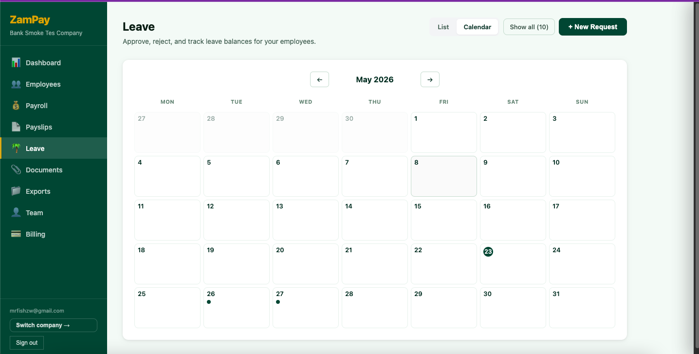 ZamPay leave calendar view for May 2026 showing scheduled leave days for the team