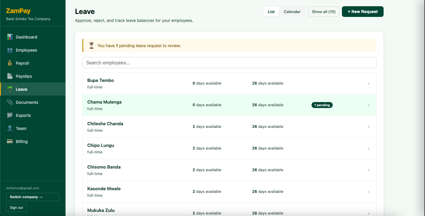 ZamPay Leave module showing employee list with annual leave and sick leave day balances