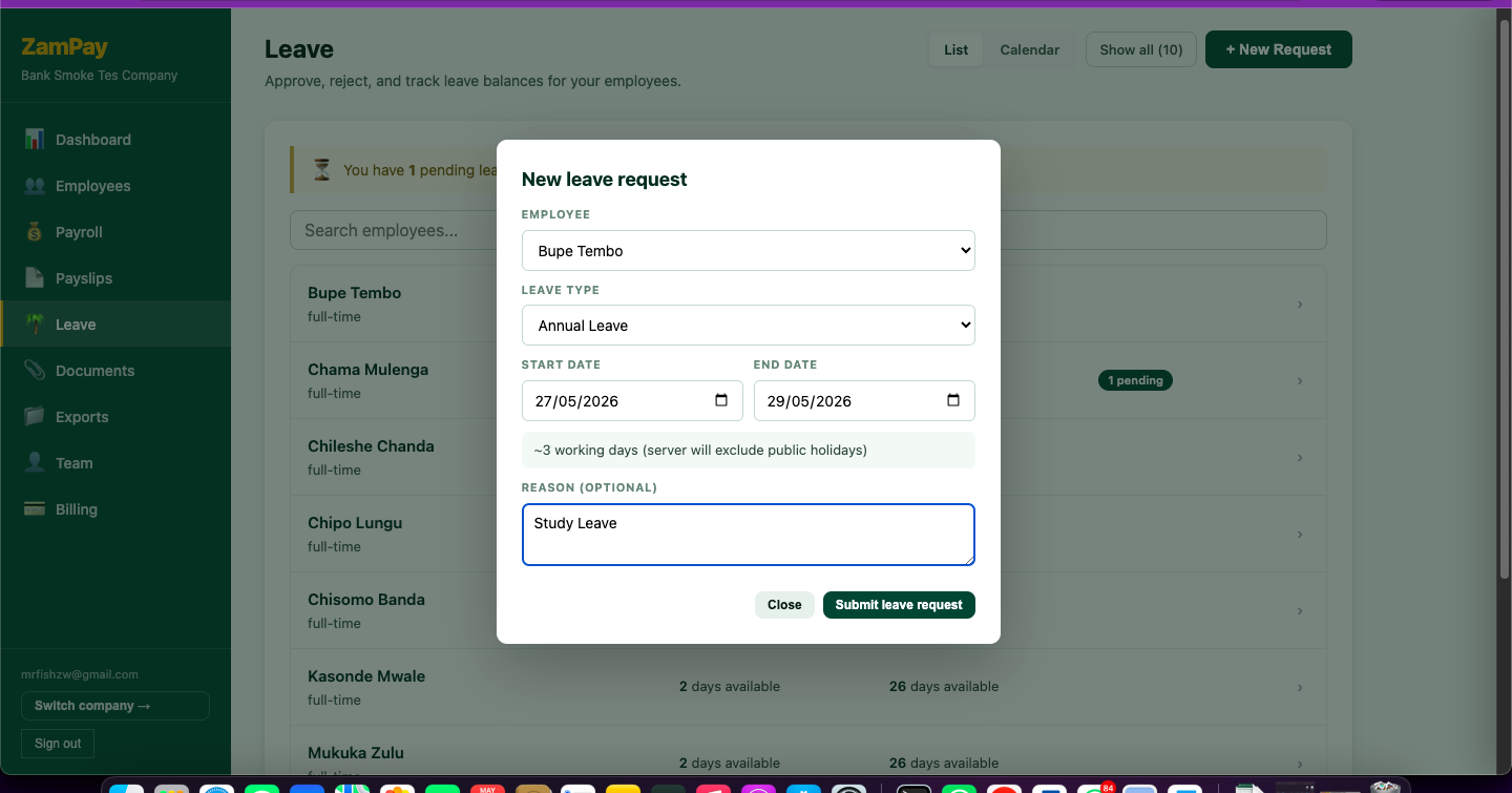 ZamPay new leave request form showing Mother's Day Leave selected as leave type for a Zambian employee