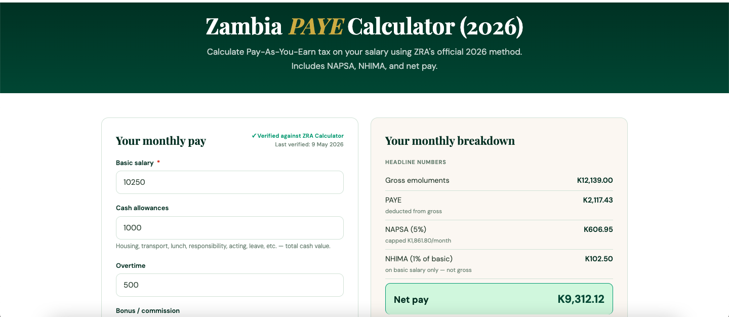 ZamPay PAYE Calculator 2026 — input fields for basic salary, allowances, overtime and bonus