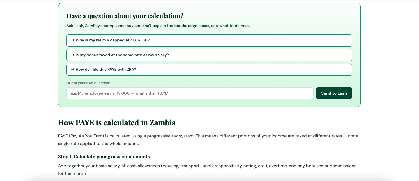ZamPay PAYE Calculator step-by-step breakdown showing progressive tax bands — K0 to K5100 at 0 percent, K5101 to K7100 at 20 percent, K7101 to K9200 at 30 percent, above K9200 at 37 percent