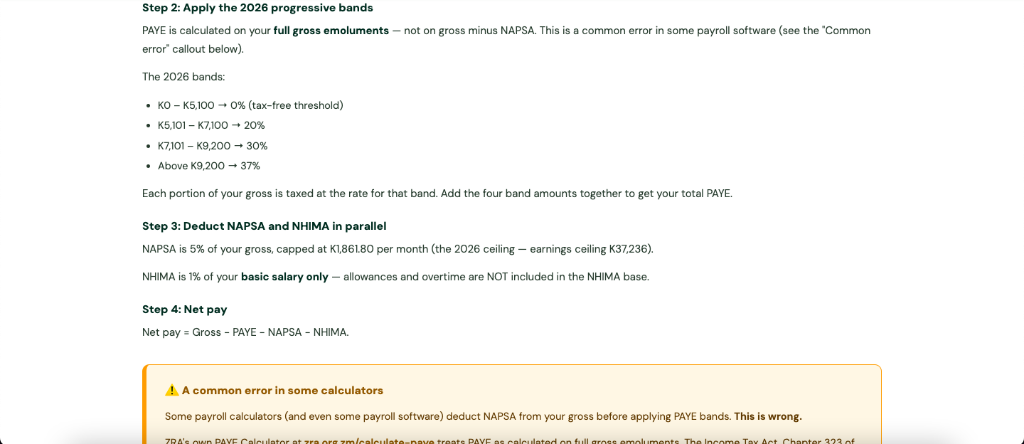 ZamPay PAYE Calculator Ask Leah section showing suggested compliance questions and free text input