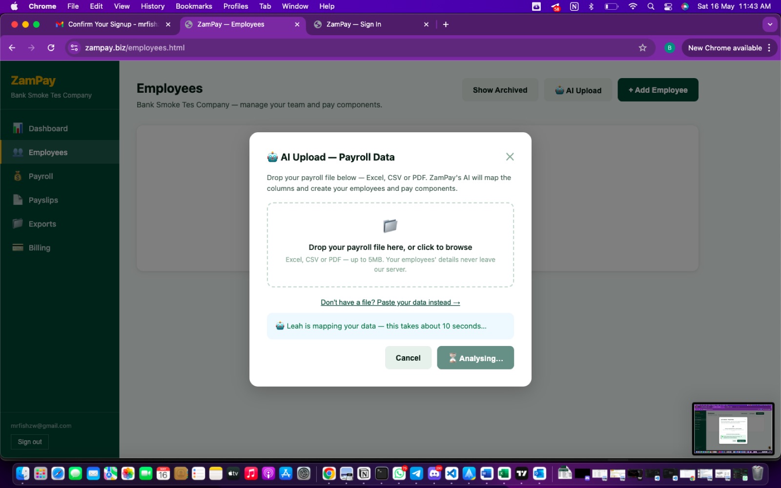 Leah AI mapping employee payroll data during ZamPay import