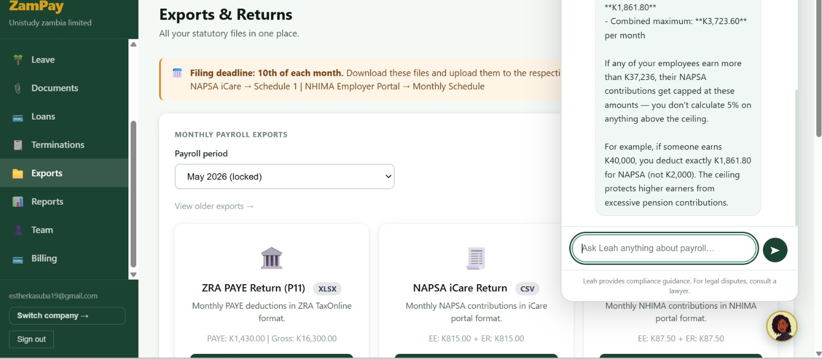 ZamPay dashboard with the compliance health score panel highlighting filing-deadline and missing-data flags