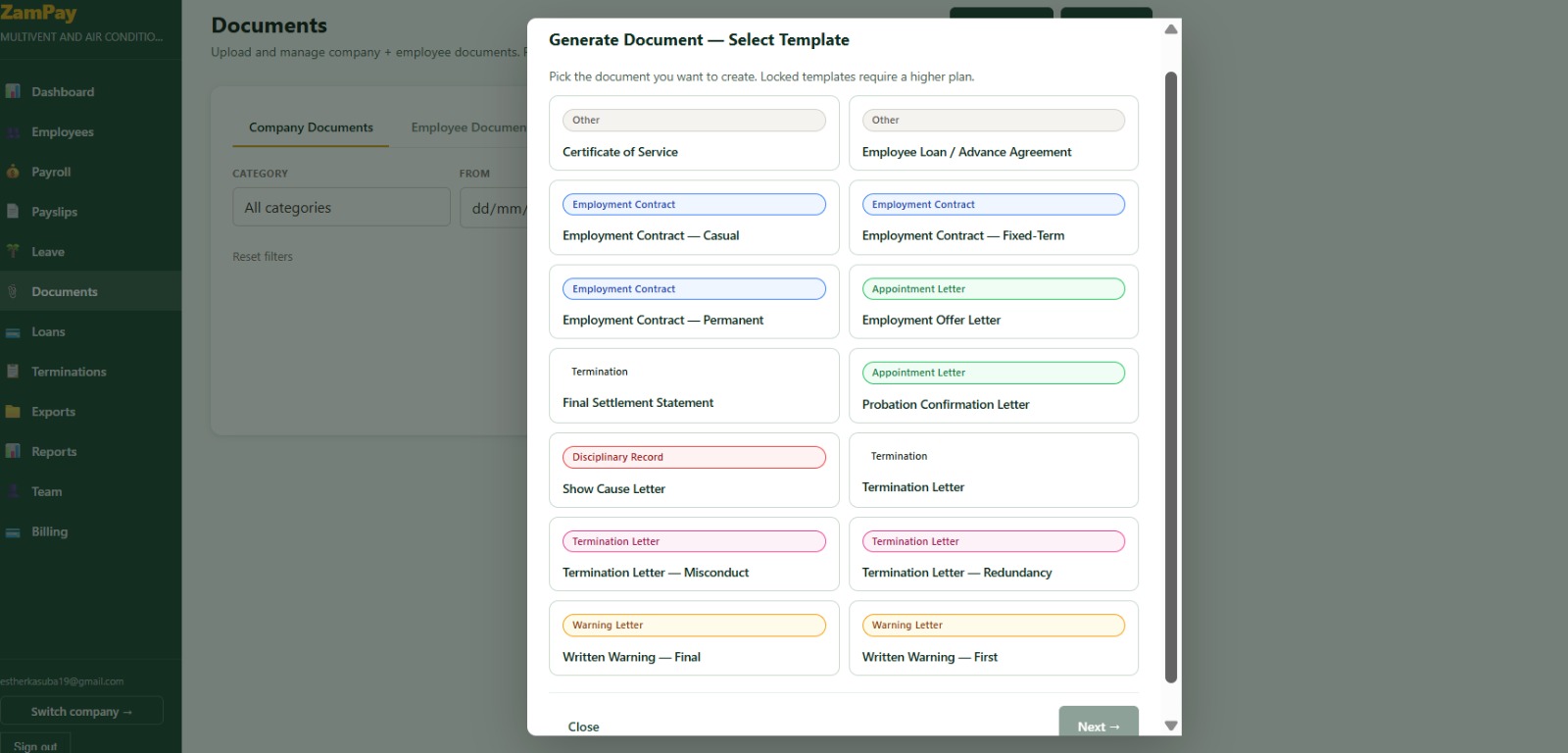 ZamPay HR document generation wizard with employee fields auto-filled from the staff record