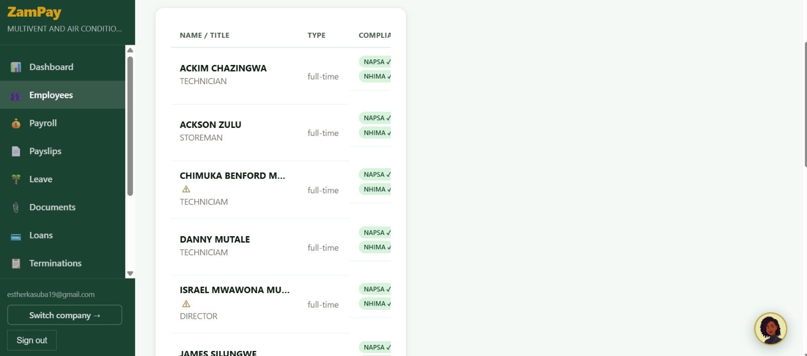 ZamPay employees table showing each team member with ESS invite status and active payroll details