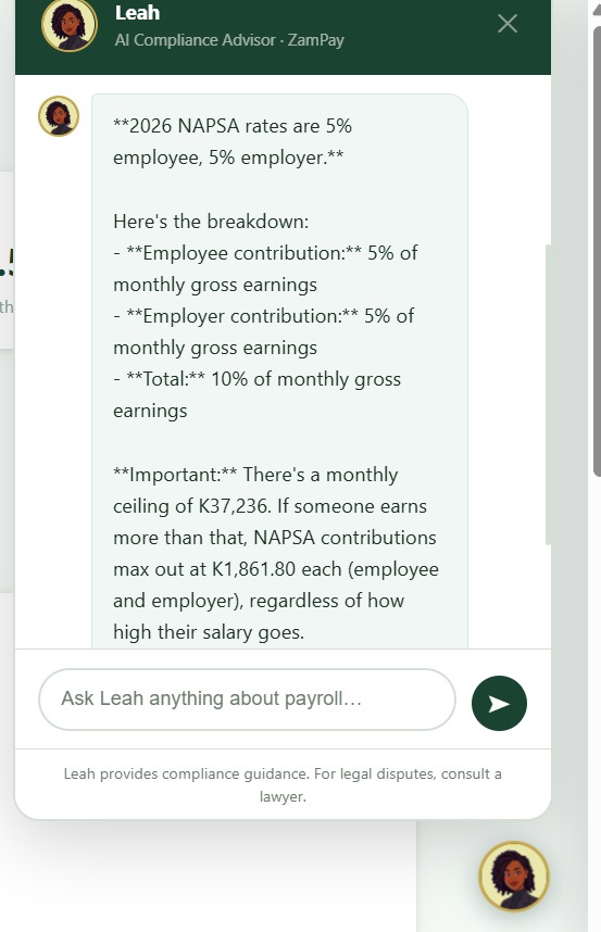 Leah answering a NAPSA compliance question inside the ZamPay dashboard
