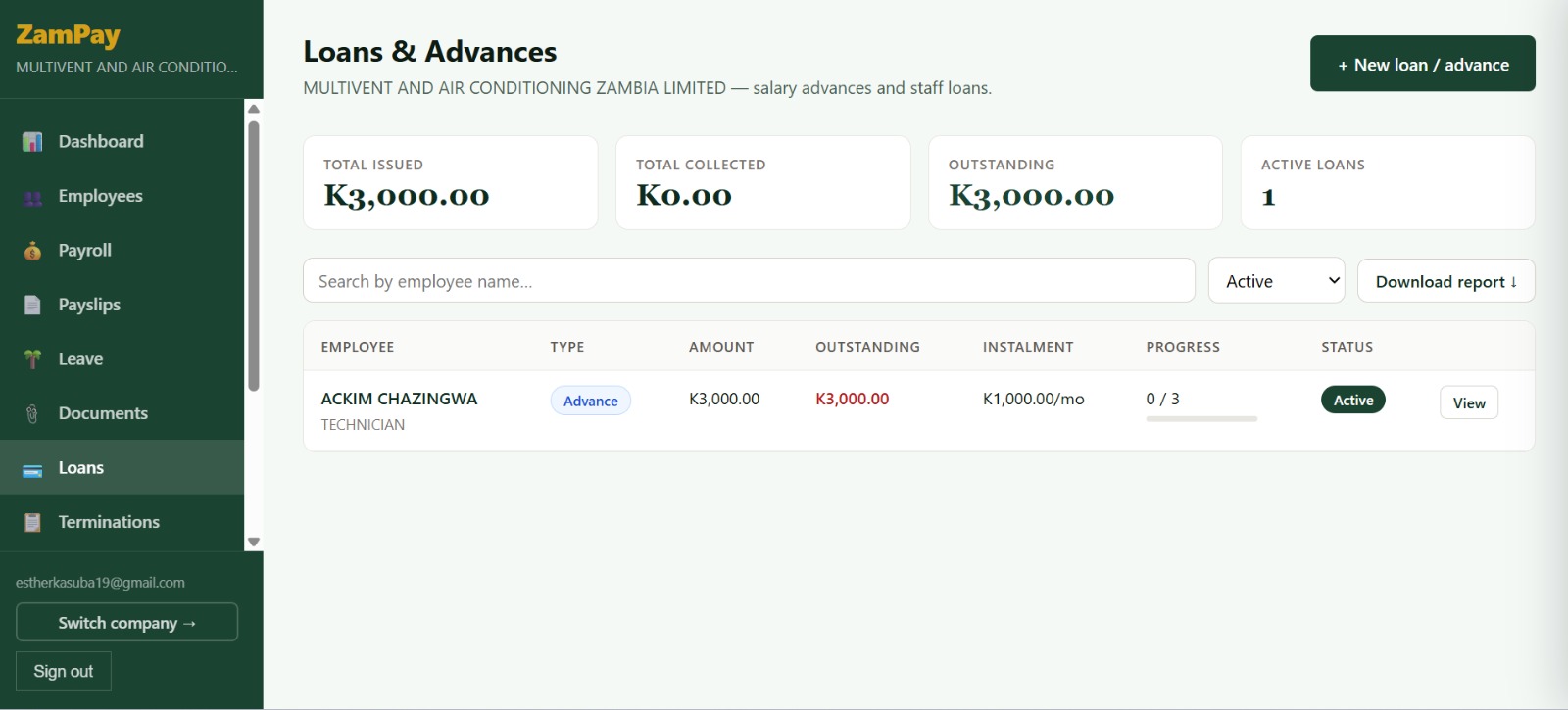 ZamPay loans dashboard listing an active K3,000 salary advance with outstanding balance and instalment progress