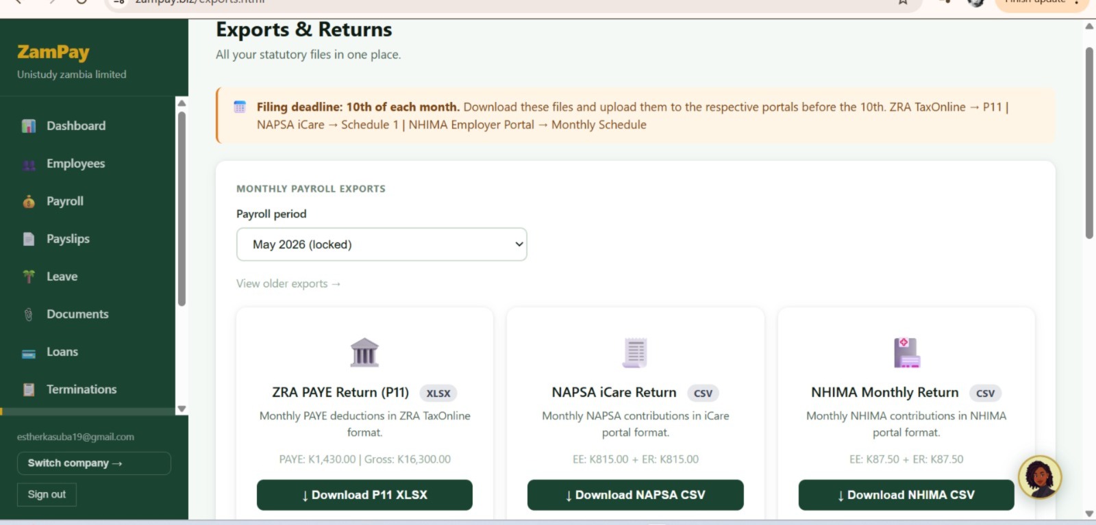 ZamPay payroll engine showing PAYE, NAPSA and NHIMA calculations for a Zambian payroll run