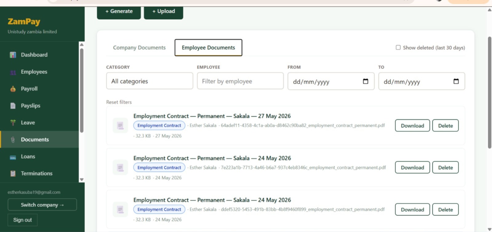 ZamPay reports hub with download cards for payroll register, statutory summary, leave, termination and audit trail