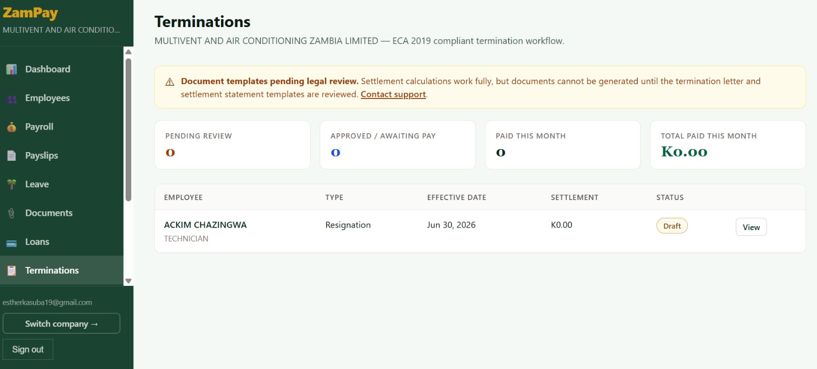 ZamPay terminations page with amber template-review banner above the workflow summary cards